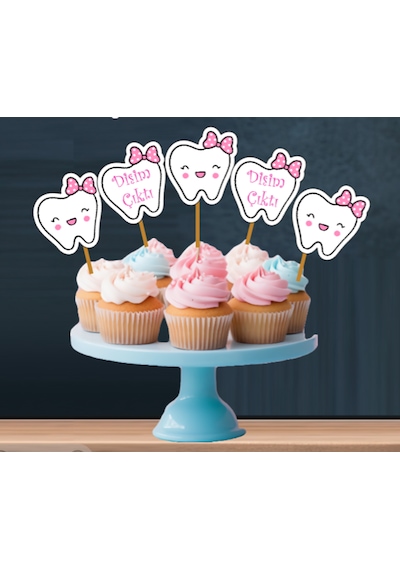 32 Parça İlk Dişim Çıktı Diş Buğdayı Seti Banner Pasta Kürdanı Cupcake Süsü Seti Pembe