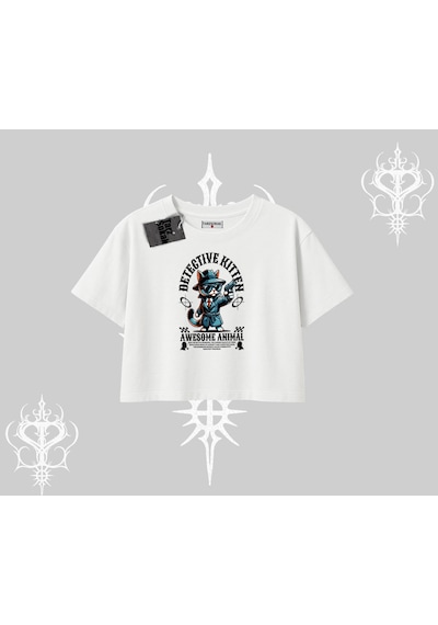 Tarzsokak Detective Kitten Kedi Baskılı Oversize Crop Tshirt Beyaz