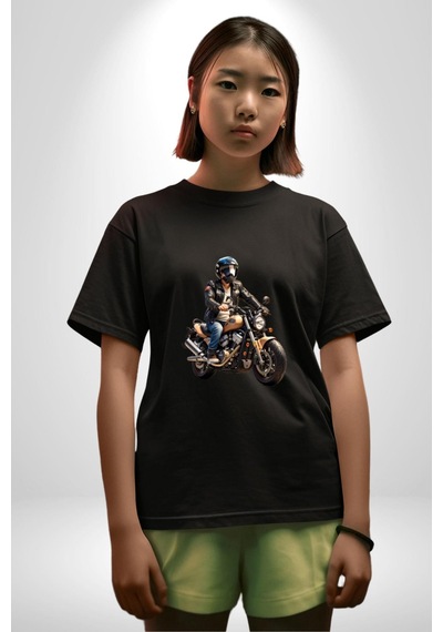 Kask Motorsiklet Dünya Turu Pamuklu Bisiklet Yaka Unisex Oversize Boyfriend Dijital Baskılı Siyah T-shirt Siyah