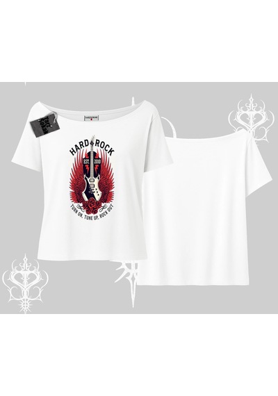 Tarzsokak Kayık Yaka Tshirt Hard Rock Winged Guitar Rebellion Beyaz