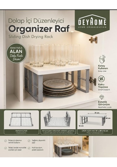 Dolap İçi Düzenleyici Organizer Raf 31x28x16 Cm Katlanabilir Mutfak Dolap Rafı Tabak, Bardak, Kupa Ve Mutfak Eşyası Düzenleme Standı 7009