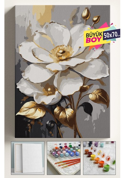 Sayılarla Boyama Seti Numaralı Tuval Fırça Boya Dahil Kasnaklı Set 50x70 Cm - İncili Çiçek