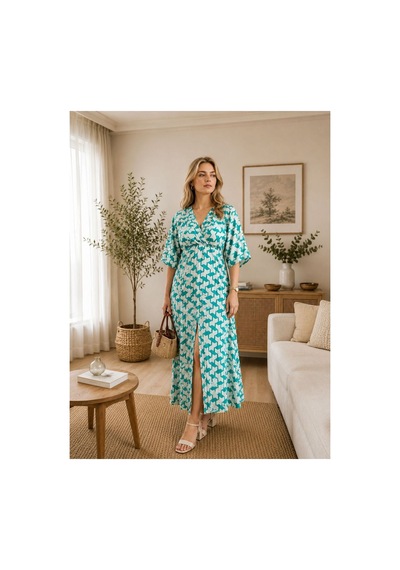 Moda Banuş Yazlık Yırtmaçlı Yumuşak Kumaş Uzun Elbise Yeşil