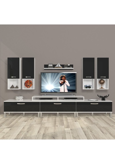 Decoraktiv Ekoflex 8da Slm Krom Ayaklı Tv Ünitesi Tv Sehpası Beyaz - Siyah