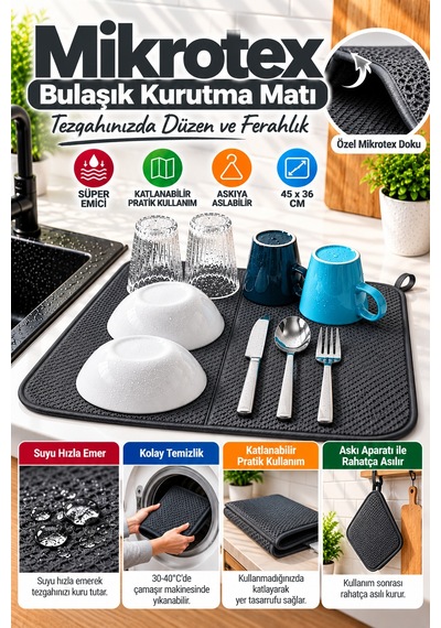 Antrasit Bez Mikrotex Bulaşık Kurutma Matı 45x36 Cm Süper Emici Katlanabilir Tezgah Üstü Kurutma Matı