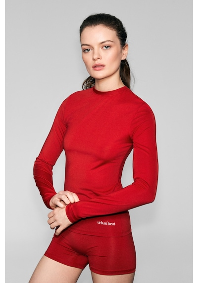 Urban Beat Corex Kadın Yuvarlak Yakalı Baskı Detaylı Slim Fit Uzun Kollu Spor Kırmızı T-shirt Kırmızı