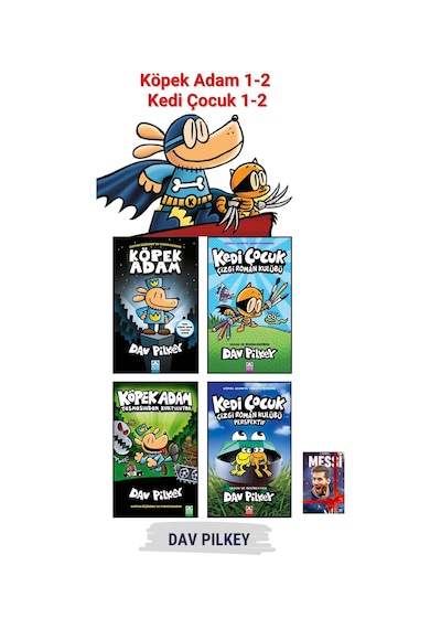 Köpek Adam 1-2, Kedi Çocuk 1-2, Çizgi Roman 4 Kitap Set, Serilerinin İlk 2 Kitapları, Defter Hediye