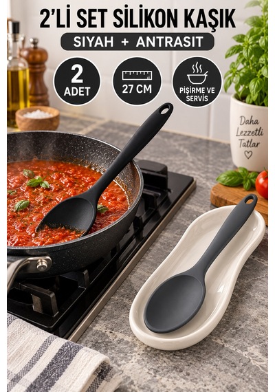 2'li Set Siyah Antrasit Büyük Boy Silikon Kaşık 27 Cm Mutfak Yemek Pişirme Ve Servis Kaşığı 2 Renkli