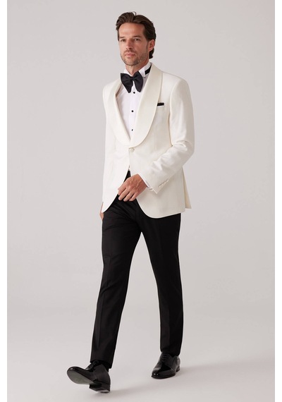 Ysf Erkek Krem Slim Fit Sabit Şal Yaka Damatlık
