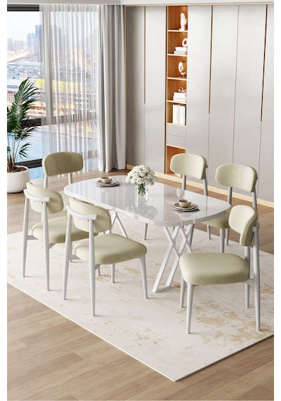 Canisa Jolin Serisi Mdf 90x168 Beyaz Mutfak Masa Takımı 6 Krem Metal Sandalye Beyaz Masa, Krem Sandalye Canisa Jolin Serisi Mdf 90x168 Beyaz Mutfak Masa Takımı 6 Krem Metal Sandalye Beyaz Masa, Krem Sandalye