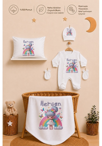 Pia Baby Kız Bebek Tulum Seti İsim Baskılı %100 Pamuk Yastık Kılıfı Ve Battaniye 1084tybyx Ekru