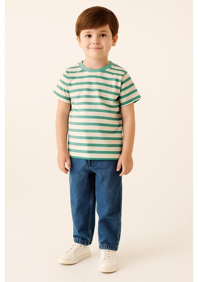 Noble Kids Erkek Çocuk Çizgili Basic Tişört Yeşil