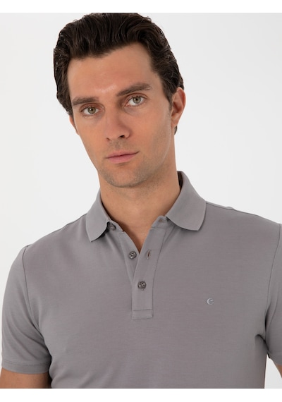 Koyu Gri Slim Fit Polo Yaka Pamuklu Basic T-shirt