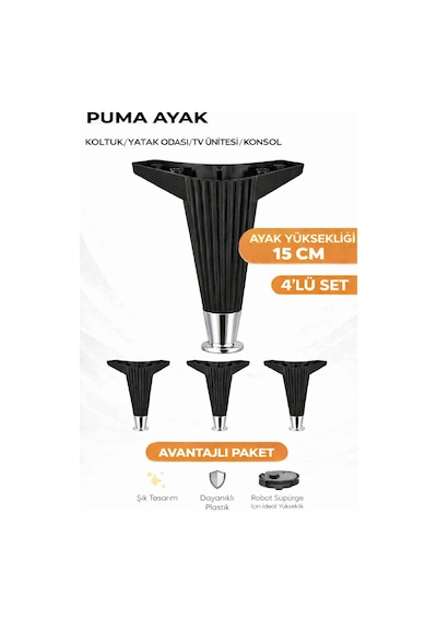 Puma 15 Cm 4 Adet Siyah -krom Mobilya Kanepe Tv Ünitesi Kosol Dolap Komidin Ayağı Siyah