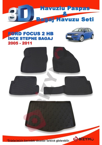 Ford Focus 2 Hb Ince Stepne 2005-2011 Paspas ve Bagaj Havuzu Seti Siyah