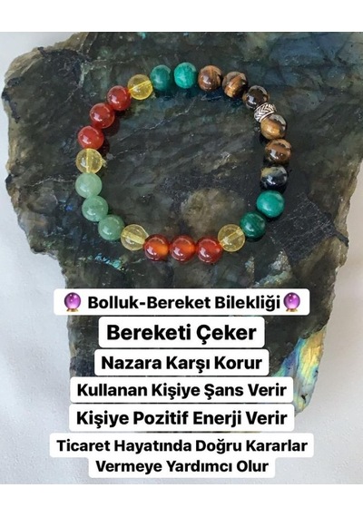 Doğal Taş Bolluk Bereket Bilekliği ( Kaplangözü - Malahit - Sitrin - Akil - Aventurin ) Çok Renkli