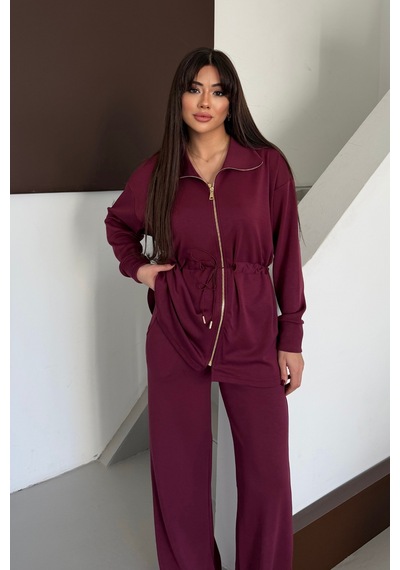 Balenbi Oversize Fermuarlı Beli Bağcıklı Polo Yaka Modal Kadın Takım 1196 - Form Serisi Bordo Balenbi Oversize Fermuarlı Beli Bağcıklı Polo Yaka Modal Kadın Takım 1196 - Form Serisi Bordo