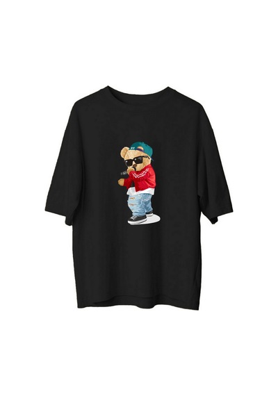 Paybuy Şık Ayı Sunglasses Mikrofon Baskılı Erkek Oversize Tişört Siyah