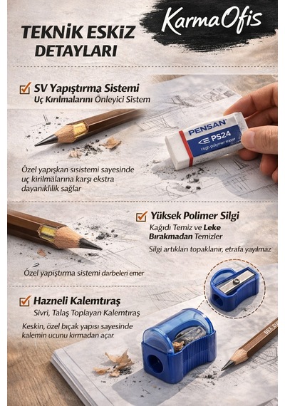14 Parça Eskiz Teknik Çizim Kalem Seti 2h-4b + Silgi + Hazneli Kalemtıraş