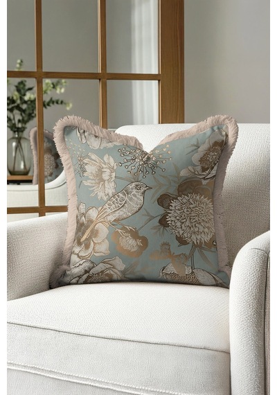 Lüks Vintage Kuşlu Saçaklı Yastık Kılıfı - Pastoral Bohem Mavi Altın Renkli Püsküllü Kırlent Kılıfı Batımı Cam Göbeği Lüks Vintage Kuşlu Saçaklı Yastık Kılıfı - Pastoral Bohem Mavi Altın Renkli Püsküllü Kırlent Kılıfı Batımı Cam Göbeği