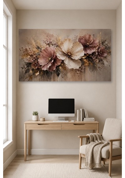 Tam Renk Pudra Gül Kurusu Çiçek Soyut Modern Floral Bej Dekoratif Kanvas Duvar Tablosu Pembe