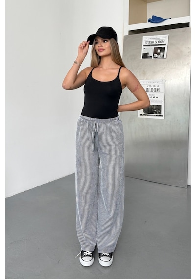 Giysa Kadın Beli Lastikli Bol Paça Çizgili Pantolon Lacivert - 26y 5004