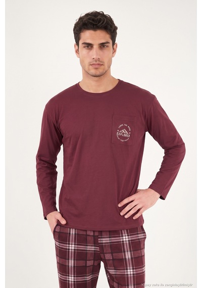 Buratti Ekoseli Pamuklu Bisiklet Yaka Pijama Takımı Erkek Pijama Takımı 6575007 Bordo