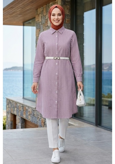 Hb Harma Time Butik Kadın Çizgi Desenli Kemerli Keten Mor Gömlek