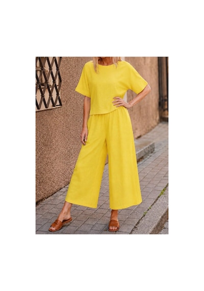 Butik İstanbul Kadın Kısa Kollu Kayık Yakalı Bluz Ve Pantolon Ikili Takım Sarı