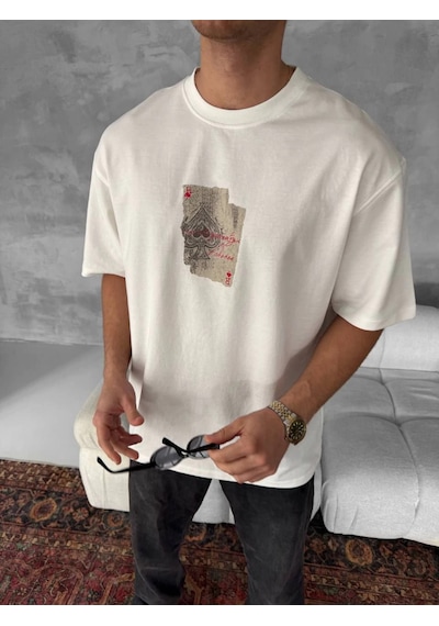 Ertaştrendstore Erkek Tişört Kısa Kol Ön Ve Arka Baskılı Oversize Bisiklet Yaka T-shirt - Beyaz Çok Renk