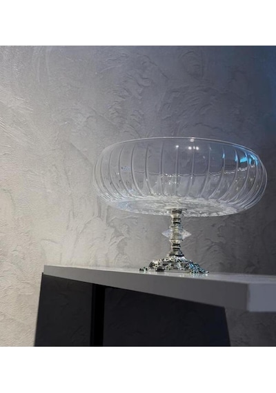 Elta Collection Lotus Kristal 24 Cm Kesme Dekor Metal Ayaklı Salata Kasesi Cam Sunumluk- Servis Tabağı gümüş