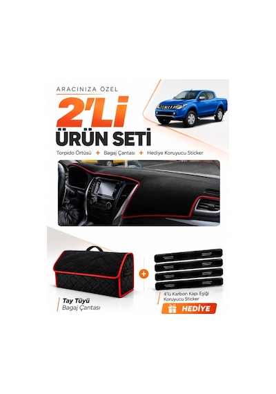 E-biz Mıtsubıshı L200 2015-2021 Uyumlu Torpido Örtüsü + Tay Tüyü Çanta - Siyah-kırmızı - Mı008