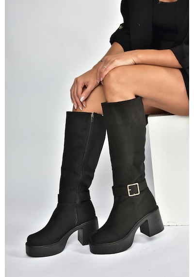 Fox Shoes V726454102 Siyah Süet Kalın Topuklu Klasik Kadın Çizme Siyah-Süet