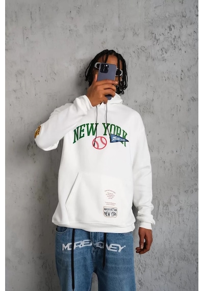 Erkek Baskılı Kapüşonlu Sweatshirt - Beyaz 001