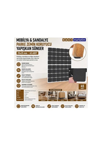 Mobilya Sandalye Parke Zemin Koruyucu Yapışkanlı Sünger 25x25 Mm 45 Adet Siyah Bant Marketim