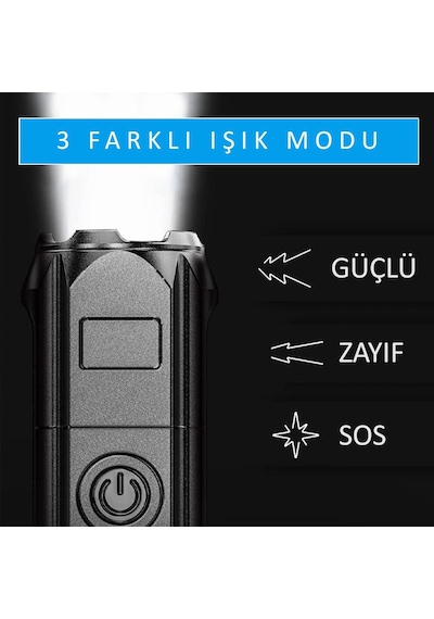 Valkyrie Şarjlı Ultra Güç El Feneri Zoom 3 Mod Type-c Uzun Kullanım Suya Dayanıklı Siyah
