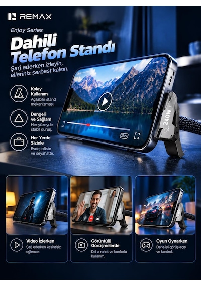 Remax Cb53-cl Enjoy Serisi 30w Pd Type-c To Lightning Telefon Standlı Hızlı Şarj Ve Data Kablosu 1.2 Metre Siyah