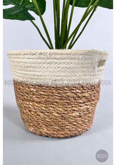 Yapay Monstera Deve Tabani 65 Cm Hasir Saksıda Krem