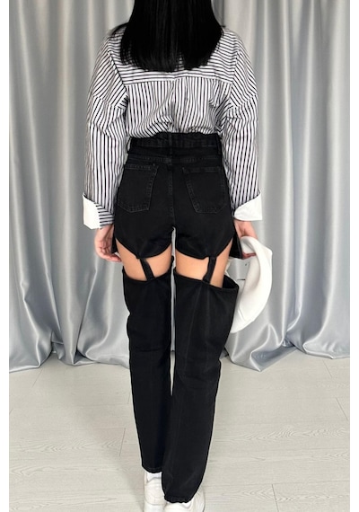 Alemdarshop Siyah Askılı İki Parça Jeans Pantolon