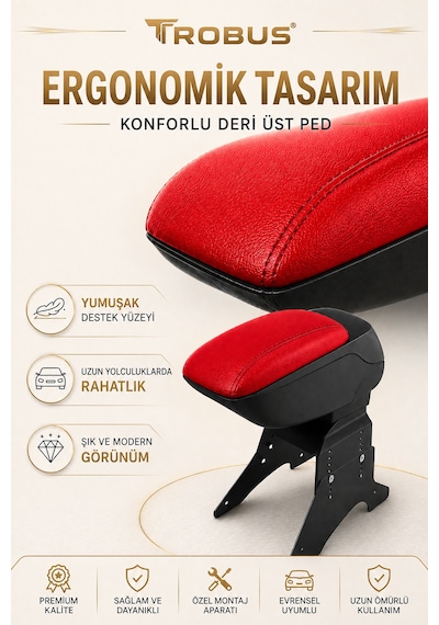Trobus Mazda 3 2003-2013 Uyumlu Kırmızı Ayaklı Sürgülü Kolçak Ayarlanabilir Yükseklikli