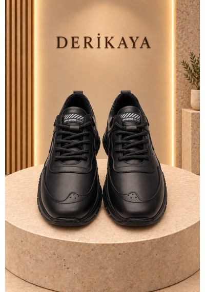 Deri Kaya Erkek Kalın Taban Bağcıklı Günlük Sneaker Spor Ayakkabı Siyah