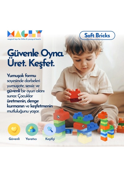 Magly Soft Bricks Yumuşak Yapı Blokları - Çocuklar İçin Renkli,silikon, Esnek 42 Parça Yapı Blok Seti Taşıma Çantalı