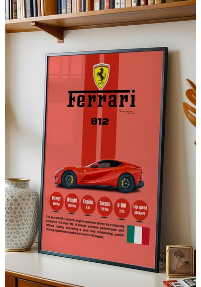 Ferrari 812 Kırmızı V12 Premium Spor Araba Tablosu - Teknik Özellikli İtalyan Otomobil Duvar Dekoru Siyah Ferrari 812 Kırmızı V12 Premium Spor Araba Tablosu - Teknik Özellikli İtalyan Otomobil Duvar Dekoru Siyah