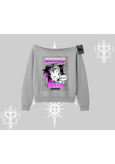 Startmore Kayık Yaka Sweatshirt Games Schoolgirl Anime Baskılı Gri