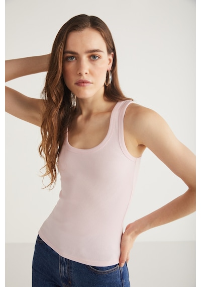 Ethıquet Lıllesol Kadın Fitilli Görünümlü Slim Fit Vücuda Oturan Havuz Yakalı Pamuklu Basic Pembe At