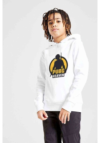 Tshirthane Pubg Heaven Baskılı Unisex Çocuk Kapüşonlu Beyaz Sweatshirt Beyaz