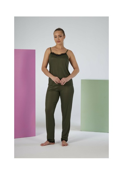 Estiva Kadın İp Askılı Likra Viskon Yazlık Pijama Takımı Haki