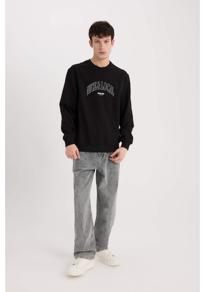DeFacto Regular Fit Bisiklet Yaka Baskılı Sweatshirt E3205AX24WNBK81 Siyah