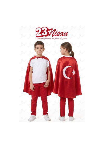 Bebegen Kırmızı Saten Ay Yıldız Baskılı El Geçirmeli 23 Nisan Pelerin Çok Renkli