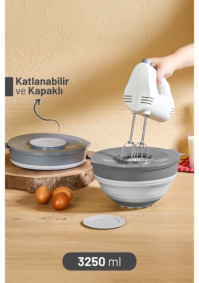 İronika Katlanır Akordiyon Sıçramayı Önleyici Kapaklı Mikser Karıştırma Kabı 3250 Ml Gri